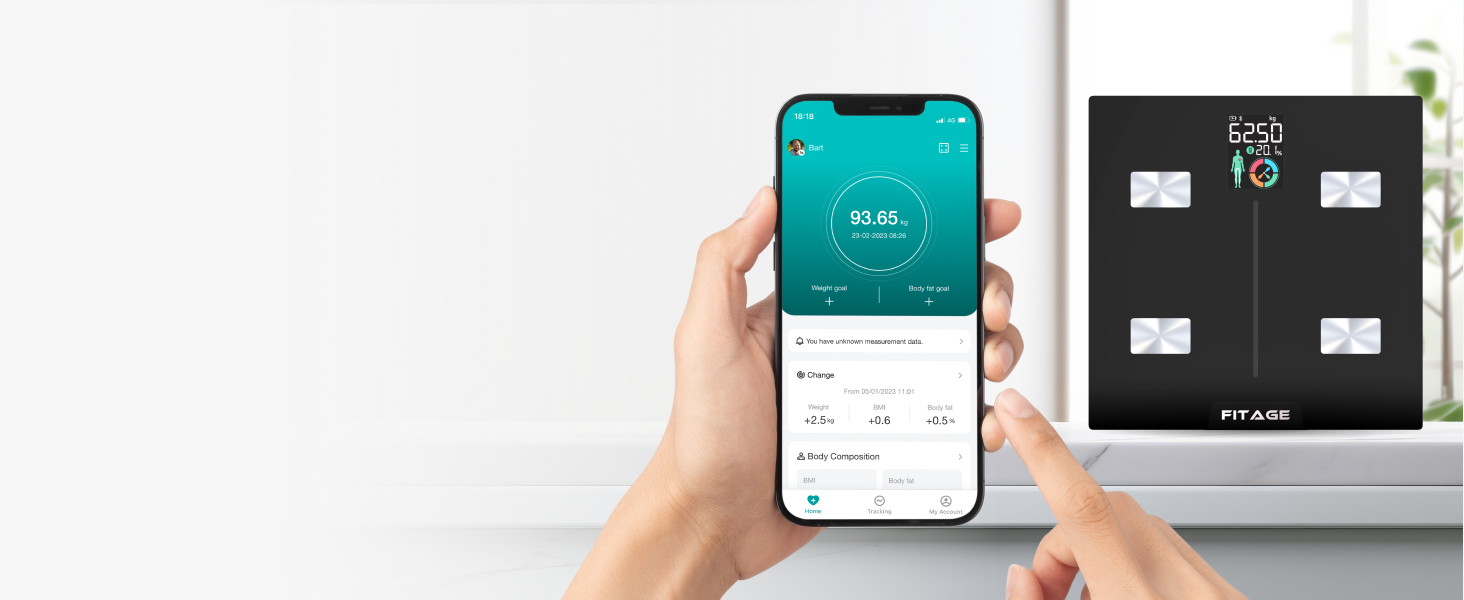 Переможець тесту цифрових ваг для ванної кімнати FITAGE 2024 року, ваги для тіла до 225 кг, шкала жиру в організмі з 17 вимірами тіла, аналіз тіла з додатком, ваги з жиром і м'язовою масою з великим дисплеєм (РК-дисплей)