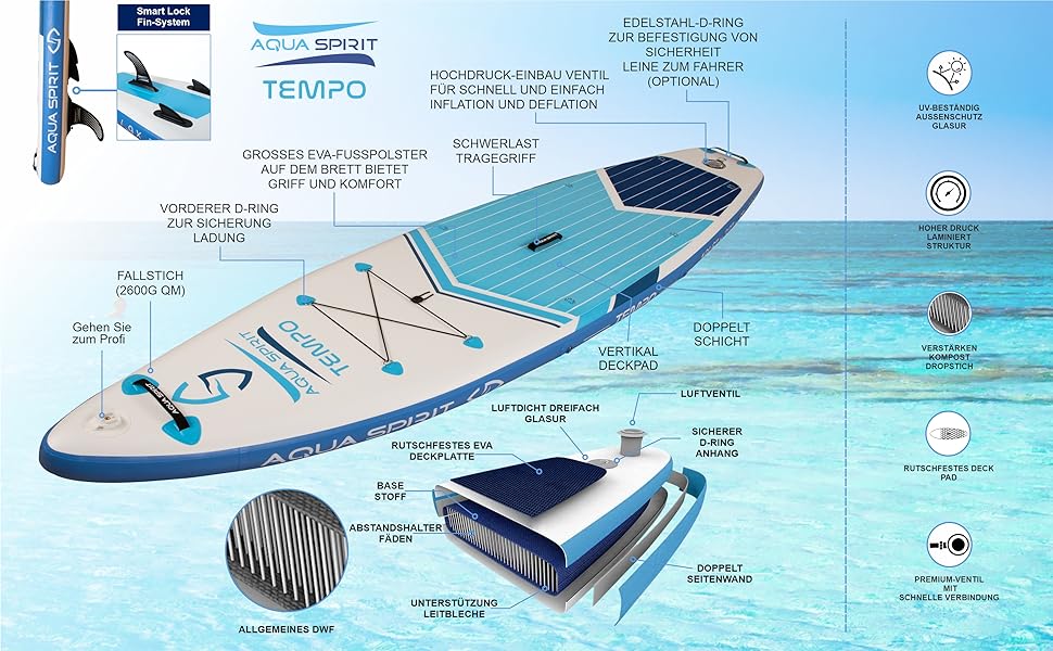 Надувна дошка для падде Aqua Spirit SUP 2024 320x815см/457x915см Комплектація з веслом, рюкзаком, насосом та іншими аксесуарами Дорослі початківці/експерти Гарантія 2 роки (синій 320см)