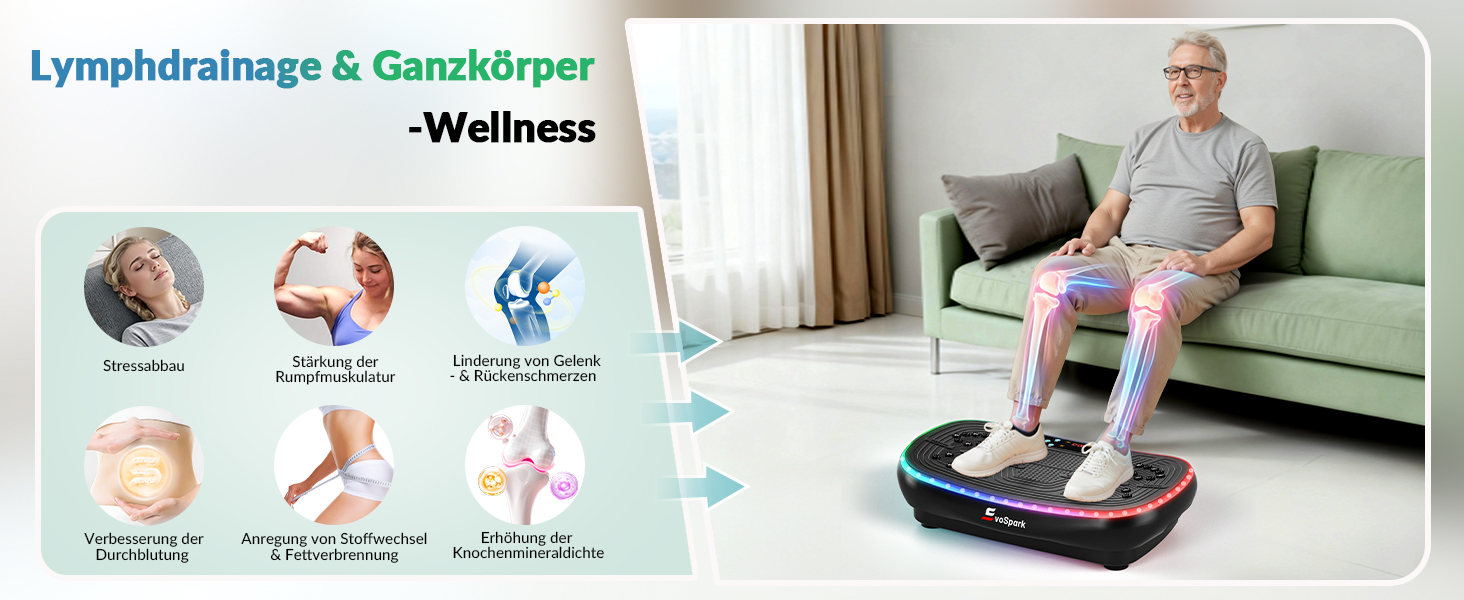 Vibrationsplatte EvoSpark 4D PRO 7-in-1: Тест-переможець 2025, 900W, LED-підсвічування, 550 lbs, для домашніх тренувань