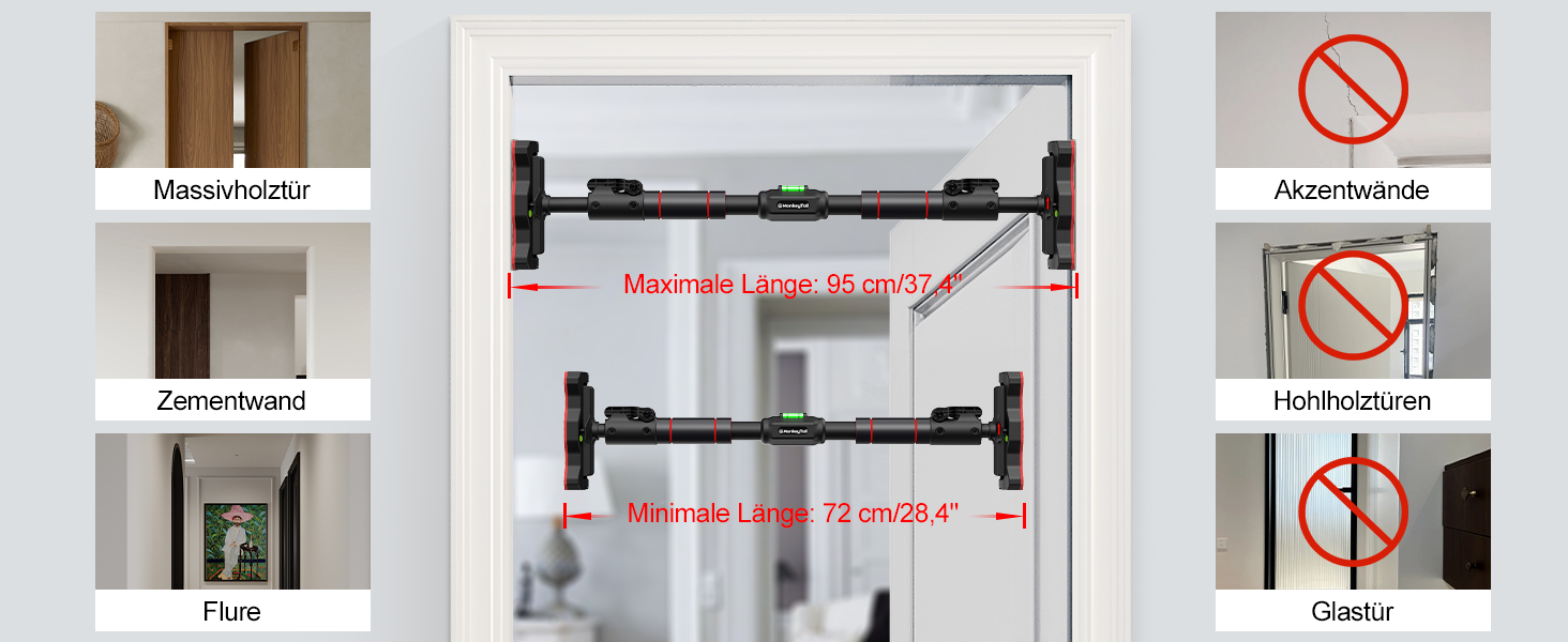 Кімнатна турнік MonkeyTail для дверного прорізу 72-95 см, без свердління, з 360° замком та PVC-килимком, вантажопідйомність 150 кг, багатофункціональний турнік