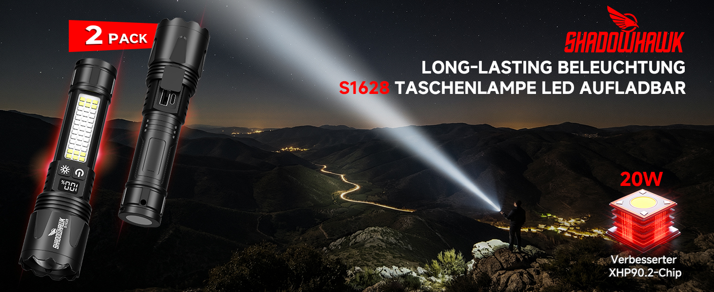 Ліхтарик тактичний Shadowhawk 2 шт. LED акумуляторний, 7 режимів, USB-C/A, COB, магніт, LCD-дисплей - чорний