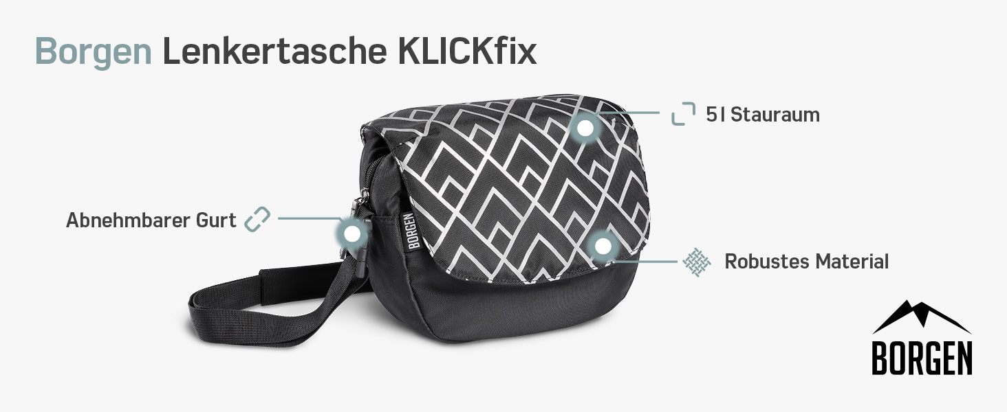 Велосипедна сумка Borgen KLICKfix на кермо, водовідштовхувальна, 5 л, чорна з рефлектором, з адаптером