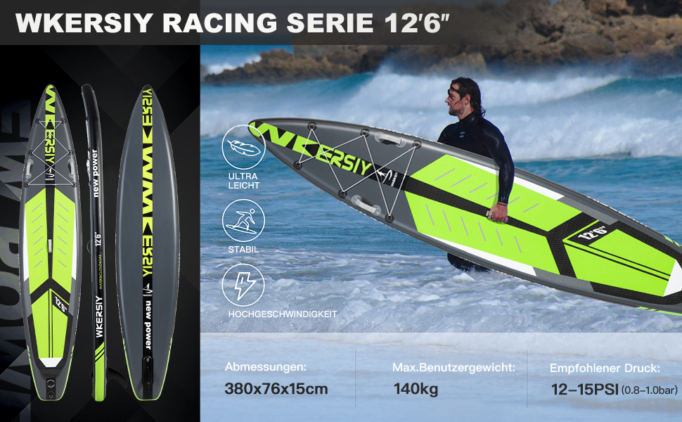 Надувний SUP Борд 380см для Турингу та Перегонів – Стабільний Станд Ап Падл Борд з високою вантажопідйомністю. Комплект Allround SUP з кріпленням для Action-Cam, підходить для йоги та риболовлі. Зелений 380*76см