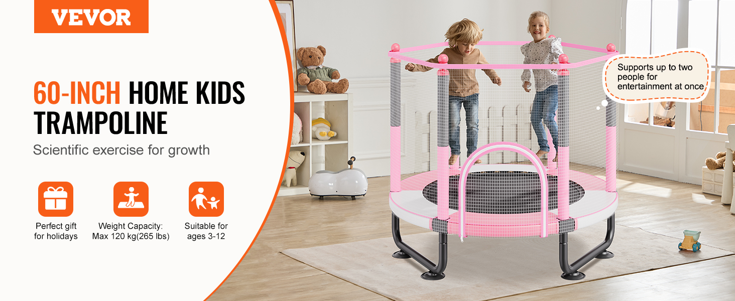 Батут дитячий VEVOR Outdoor 1545 мм з сіткою та баскетбольним кільцем, рожевий. Для дітей від 3 років.