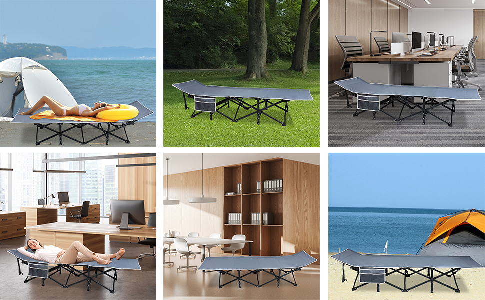 Складне кемпінгове ліжко YRHome для відпочинку на природі: надійне металеве каркас, міцна тканина Oxford 600D, з кишенею та сумкою для перенесення (190x62x38 см, до 250 кг)