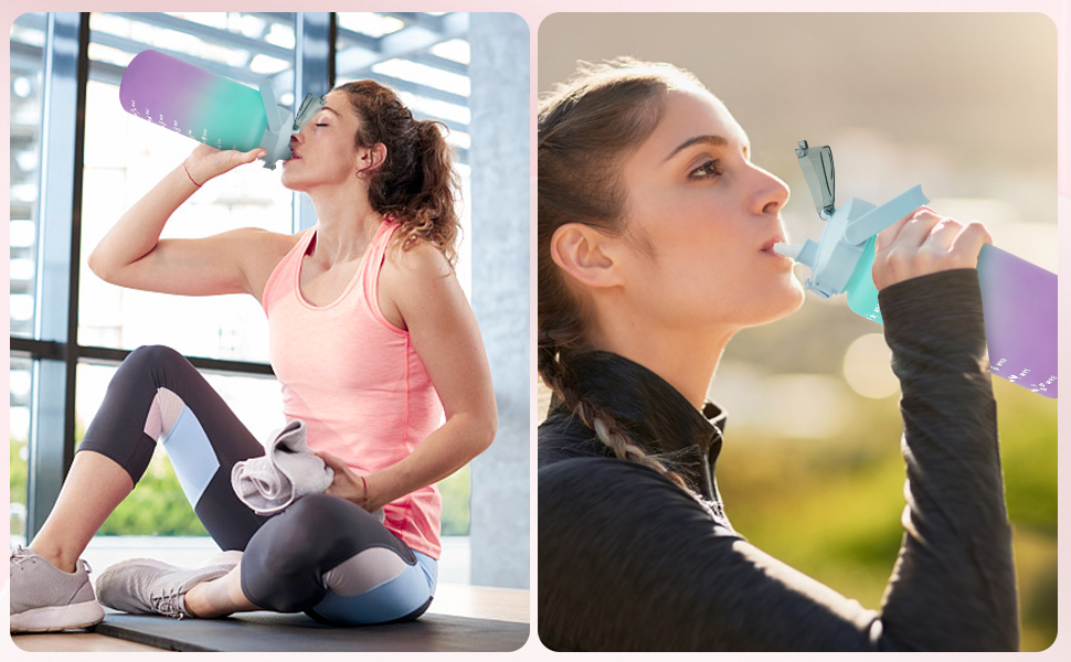 Спортивна пляшка для води MOMSIV 2L з трубочкою та відсіком для фруктів, з мітками часу, чорна, витіювання зелено-фіолетове