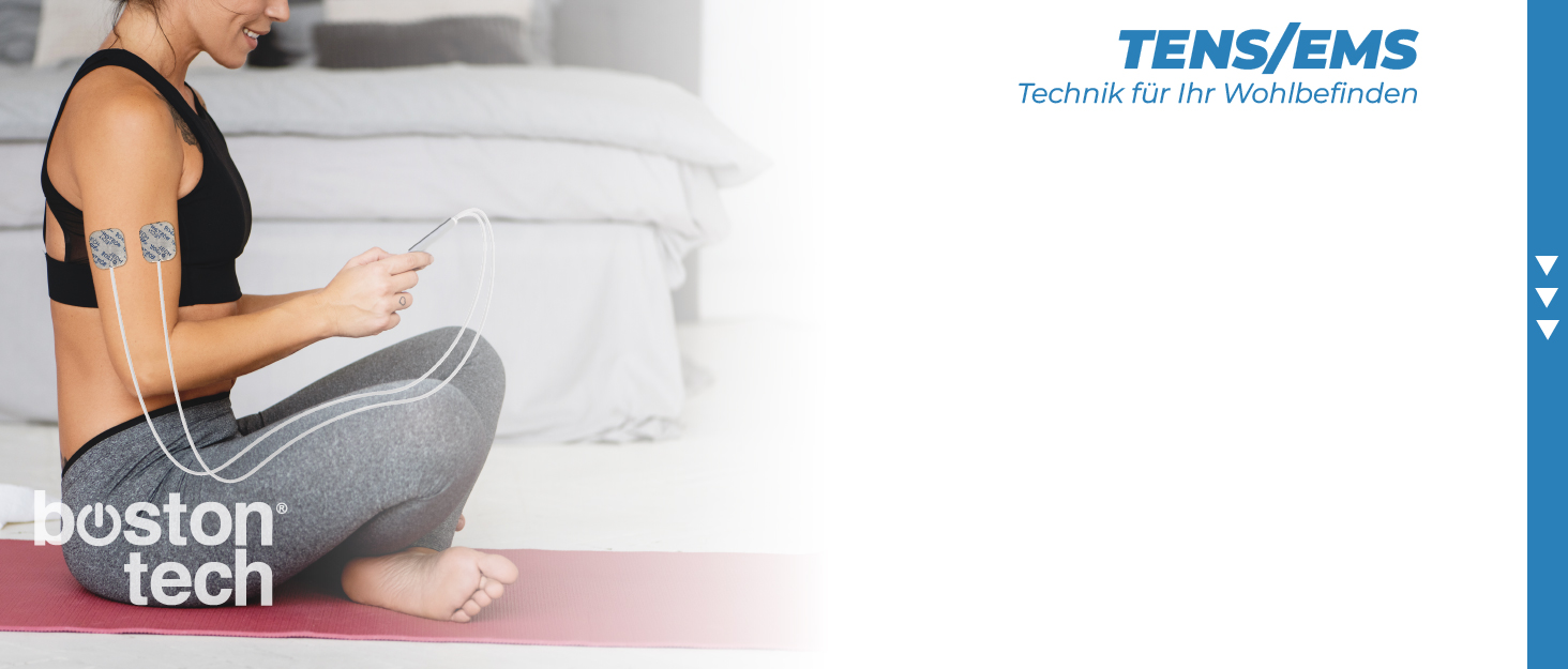 Пристрій TENS Boston Tech ME89 PRO: терапія болю, EMS, 7 режимів, стимуляція м'язів, 4 електроди, 9V батарея, захист від падінь, кейс
