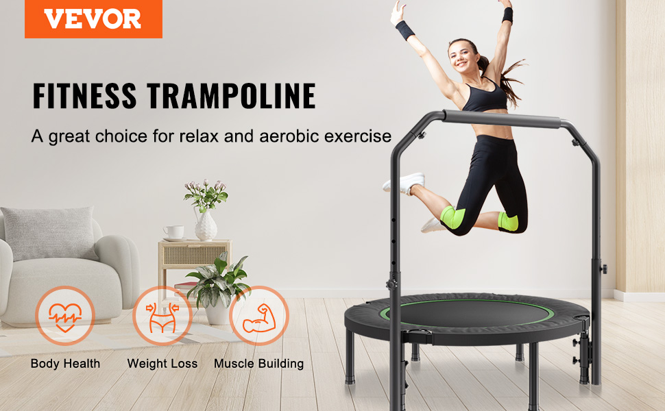 Міні-батут VEVOR для фітнесу та рекреації, діаметр 1027 мм, вантажопідйомність 150 кг, з регульованою ручкою та 32 пружинами
