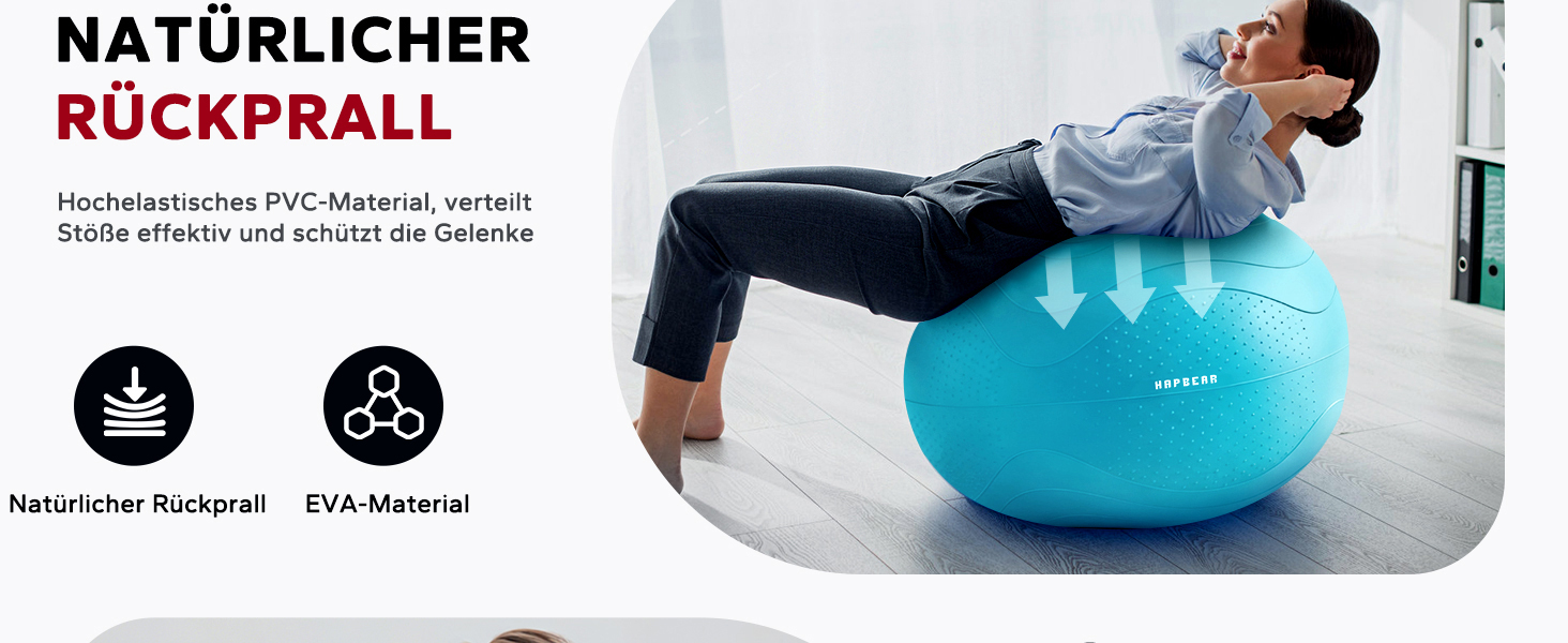 Гімнастичний м'яч HAPBEAR 55/65/75см - Анти-вибух, неслизький, з масажними попками, товстий PVC, до 200кг, комплект з насосом та гумками для фітнесу, офісу та йоги (Хмарно-блакитний, XL)