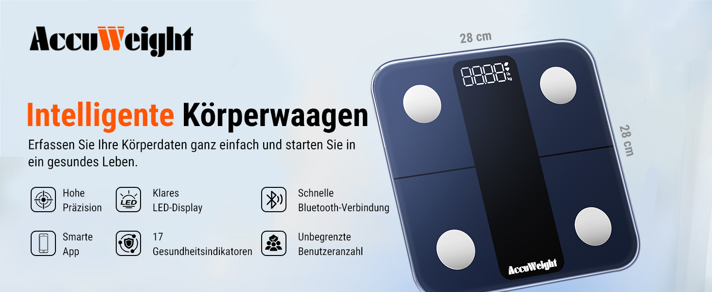 Вага для вимірювання жиру та м'язів ACCUWEIGHT з Bluetooth, аналіз тіла, вимірювання 17 показників, до 180 кг