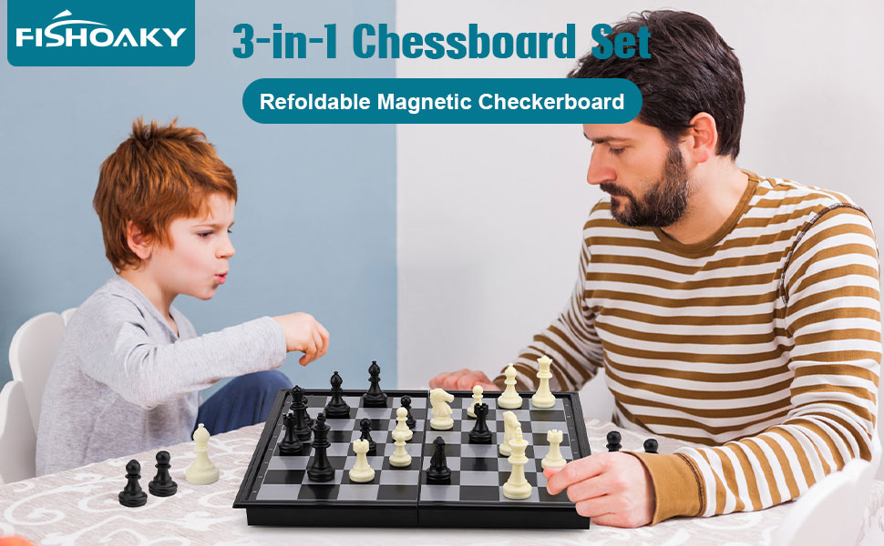 Шаховий набір 3-в-1 магнітний FISHOAKY: шахи, шашки, нарди. Компактний дорожній набір 31x31 см для дітей та дорослих. Ідеальний подарунок на Новий Рік та Різдво.
