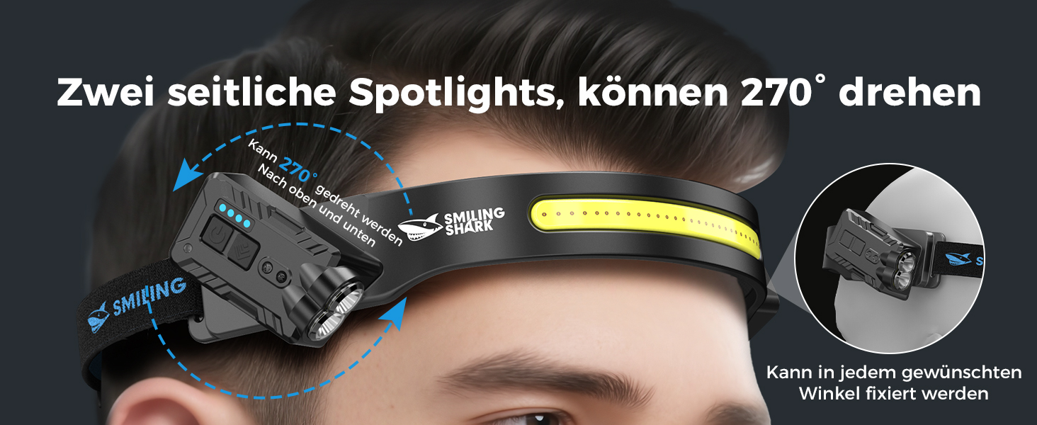 Налобний ліхтар Smiling Shark 2400mAh з 315° поворотом, 2 світлодіоди, сенсор руху, мультимодний, для кемпінгу та туризму