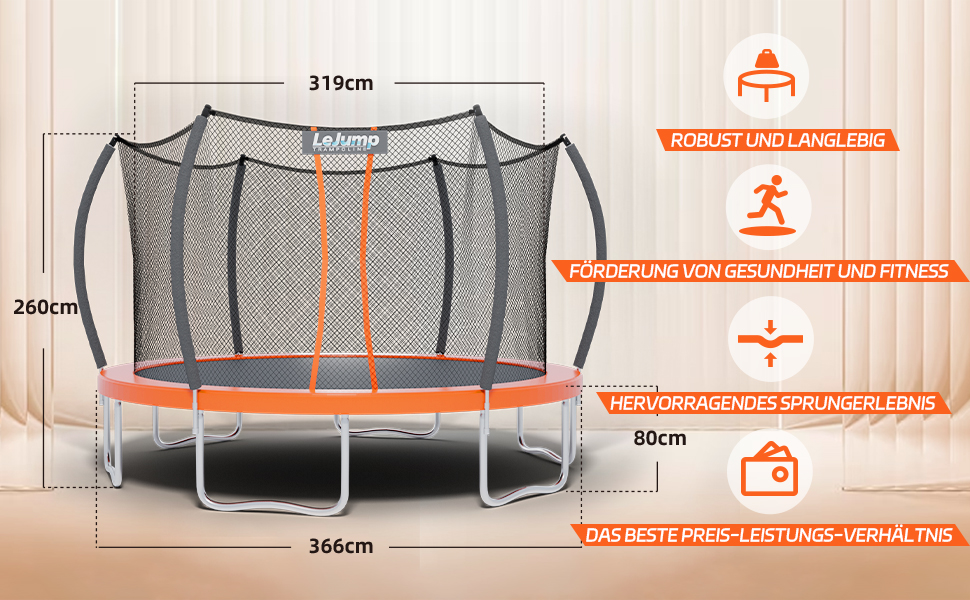 Діаметр 305 см Батут Sunrise Відкритий батут для фітнесу та саду з захисною сіткою по периметру та покриттям краю Sunrise- (366см, схід сонця-366см), 366