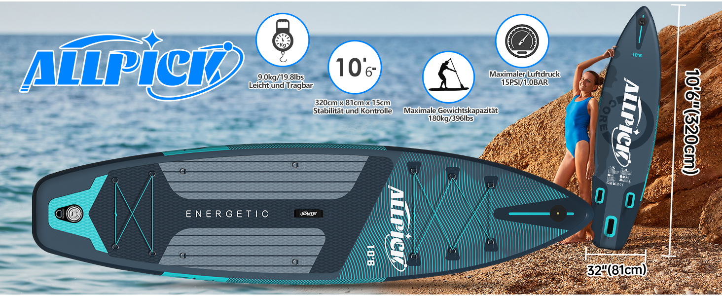 Надувний SUP Борд ALLPICK Premium: Комплект для SUP-бордингу з аксесуарами, тримачем для камери, регульованим веслом, 180 кг, преміум-зелений