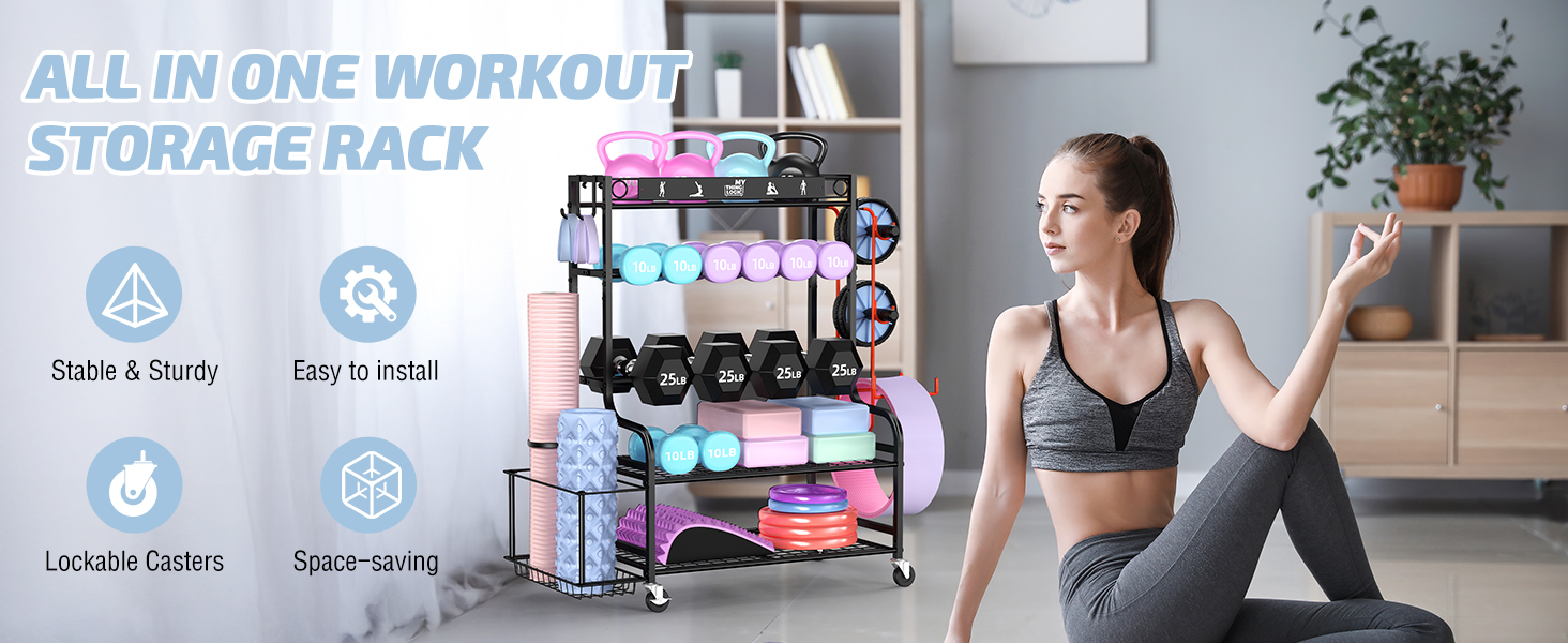 Органайзер для йоги Mythinglogic Regal: килимок, роли, гантелі, блоки. Стенд для фітнес-обладнання. Чорний