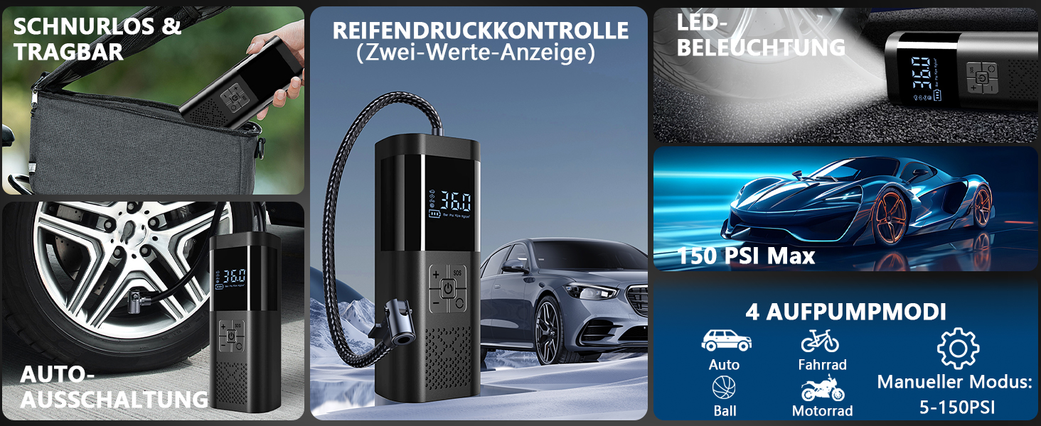 Електрична повітряна помпа SERVOMASTER з манометром, акумуляторна, 150 PSI, LED, для велосипеда, авто, мотоцикла