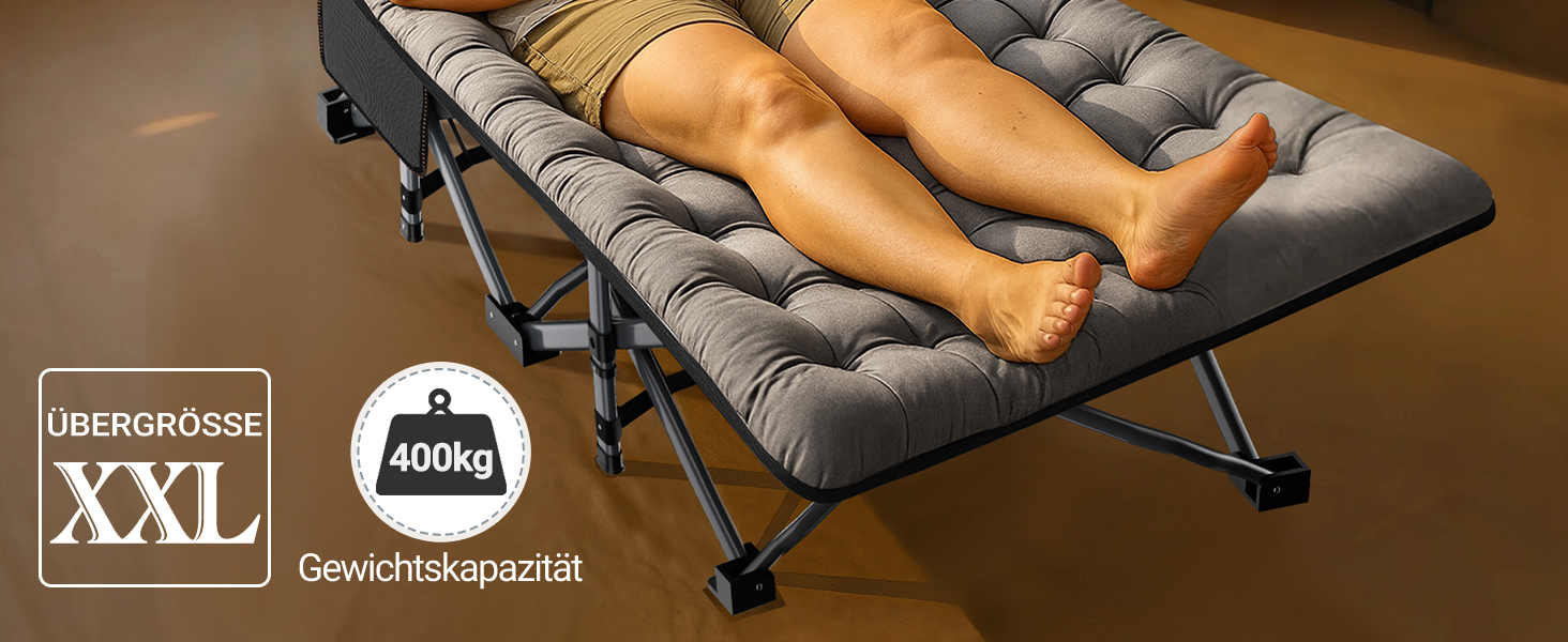 Розкладне кемпінгове ліжко MOPHOTO з матом – до 200 кг, 190x71x36 см, широке, для відпочинку на природі, сіре