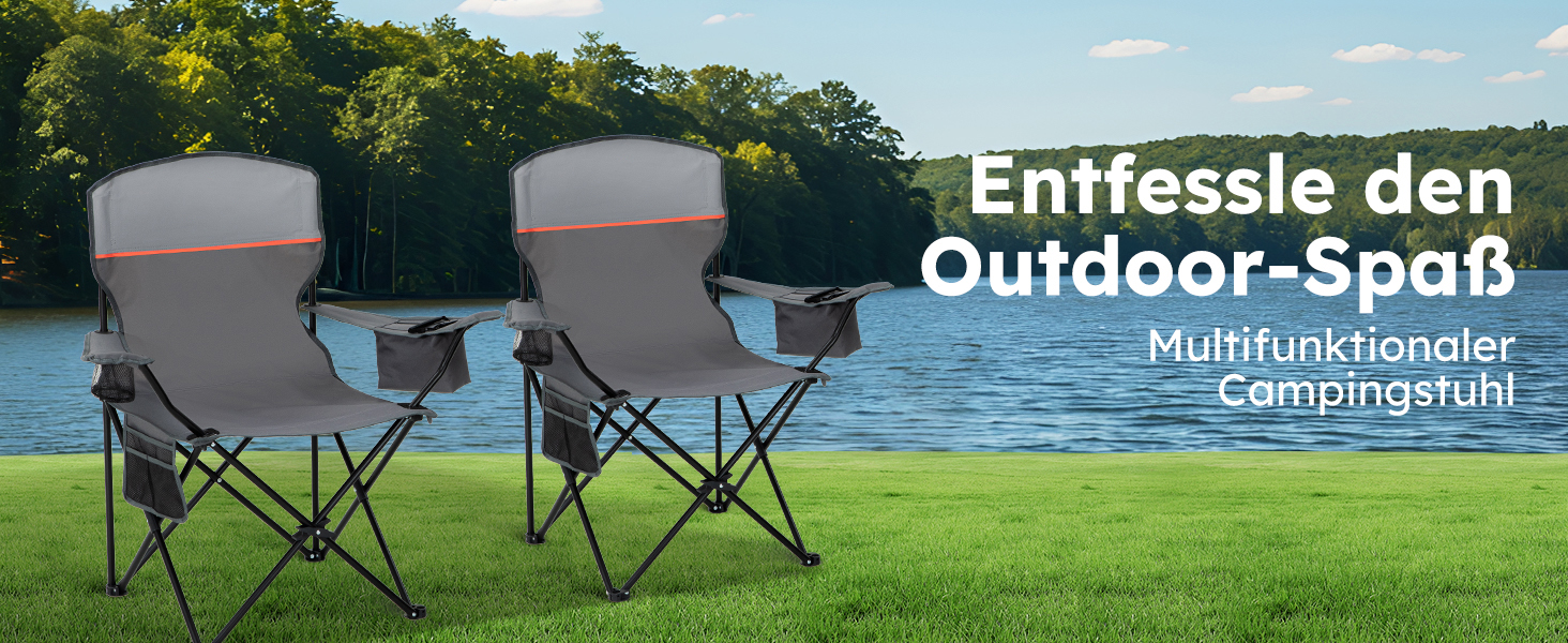 HIGH POINT SPORTS: 2 шт. складаний стілець для риболовлі та відпочинку на природі. Зручний, з кишенею для напоїв та охолоджувальною сумкою, до 120 кг, сірий