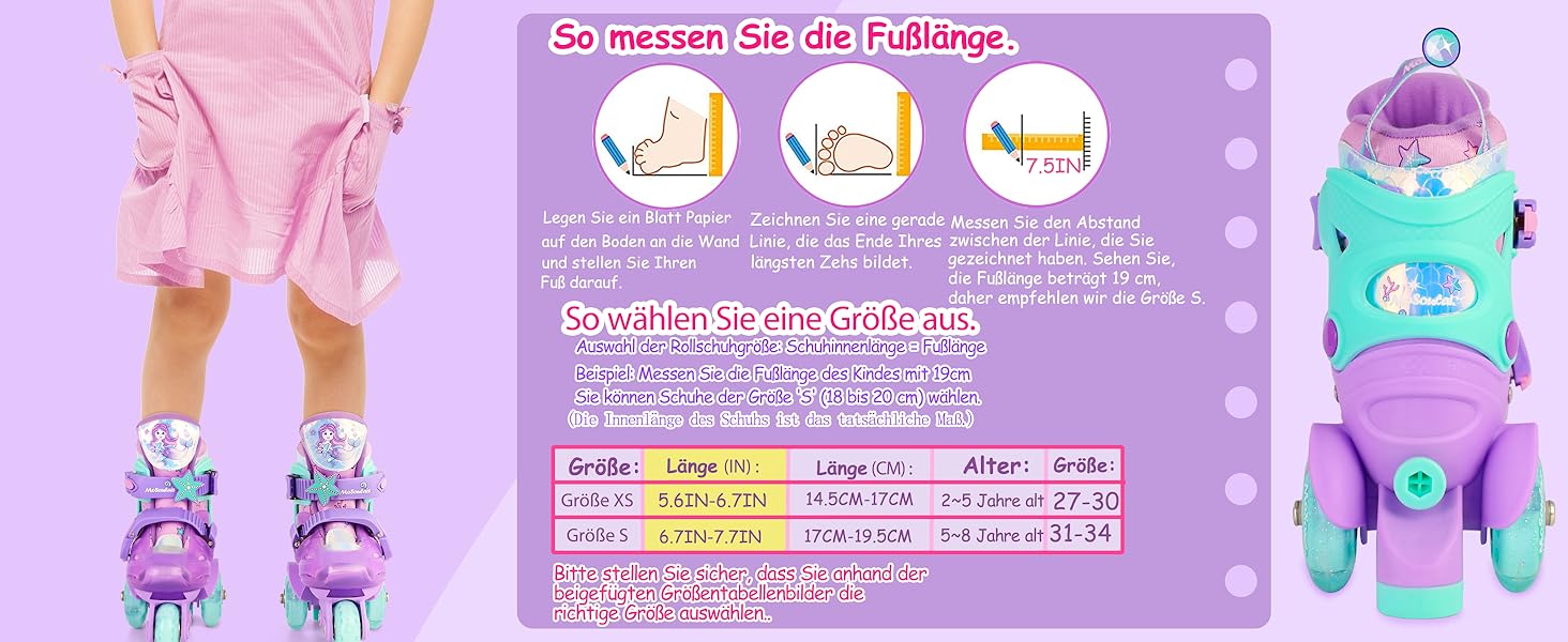 Дитячі ролики Kinder Rollschuhe для дівчаток та хлопчиків, Єдиноріг, Русалка, світлові колеса, 4 розміри, регульовані, для початківців, подарунок на Новий рік та день народження (XS(27~30), Русалка фіолетовий)