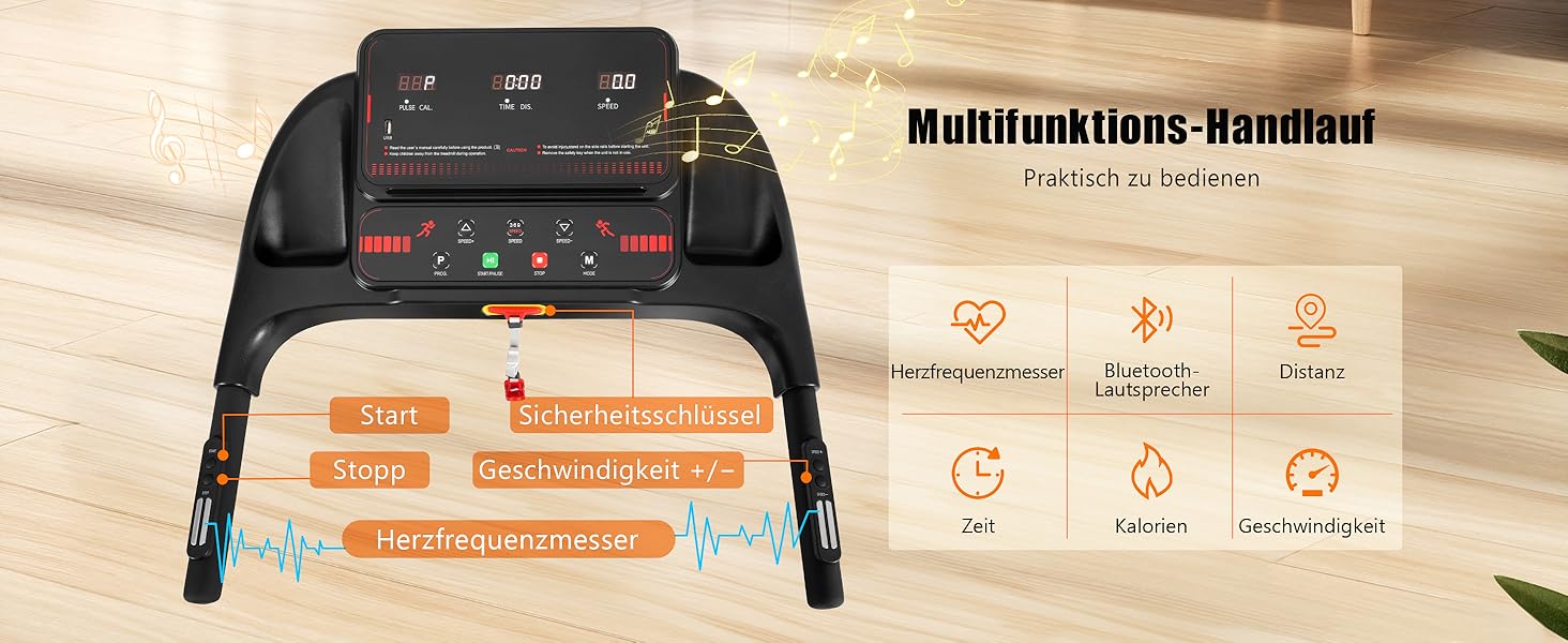Біговий тренажер для дому, складаний, швидкість до 14 км/год, вантажопідйомність 120 кг, тримач для планшета, Bluetooth-динамік, німецька якість, USB-зарядка, кут нахилу 8%