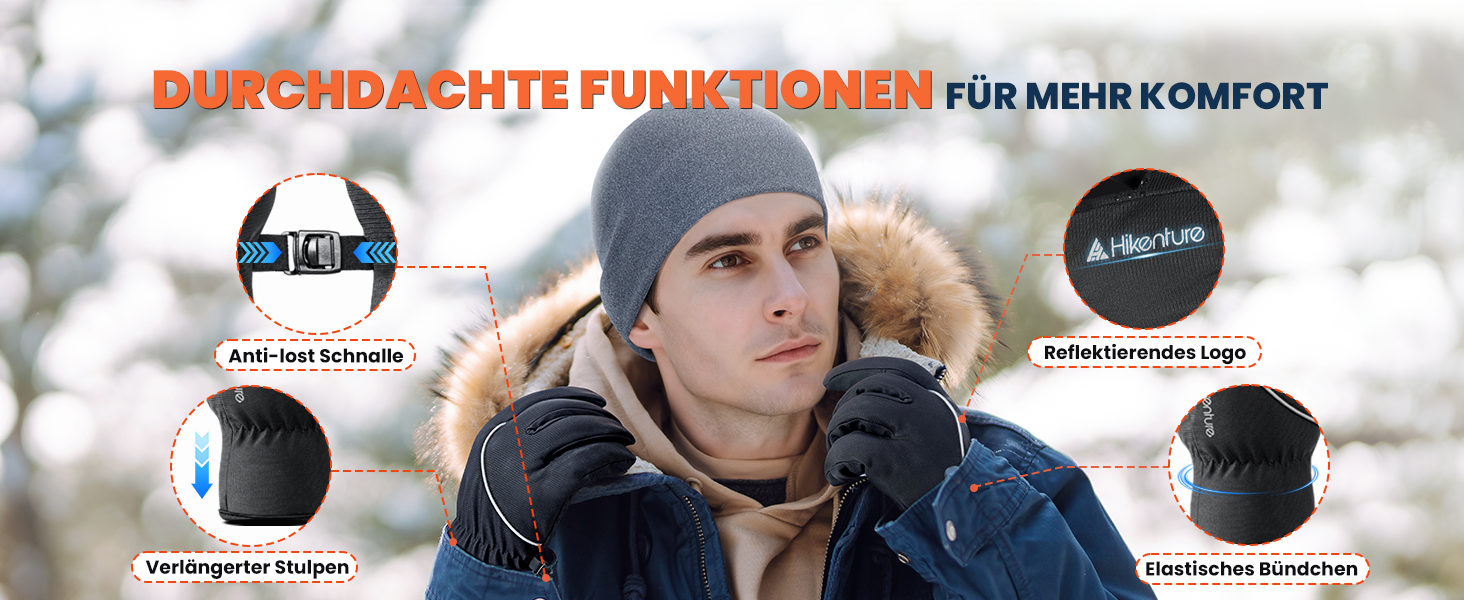 Зимові рукавички HIKENTURE Водонепроникні, велосипедні рукавички для чоловіків та жінок з Polarflausch, теплі та вітронепроникні рукавички з підтримкою сенсорного екрану, антиковзкі рукавички для катання на лижах, бігу та активного відпочинку на відкритому повітрі