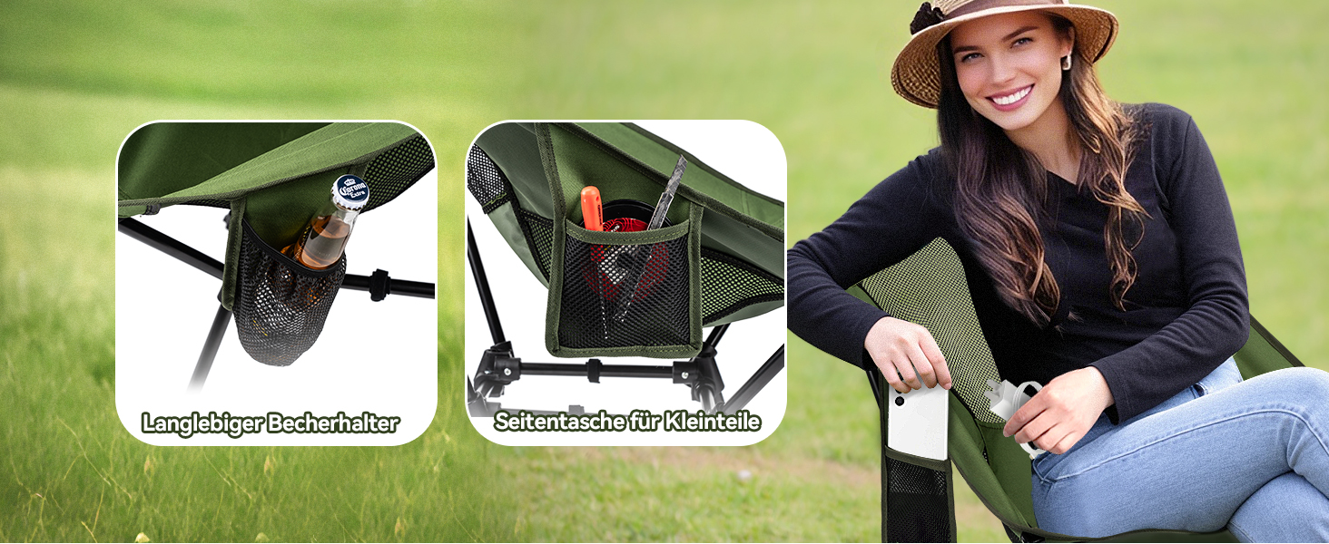 Складний туристичний стільчик Hochlehner з підголівником, 150 кг, ультралегкий, портативний, з кишенями та сумкою для кемпінгу, пляжу, відпочинку на природі та піших прогулянок (Indigoblau)