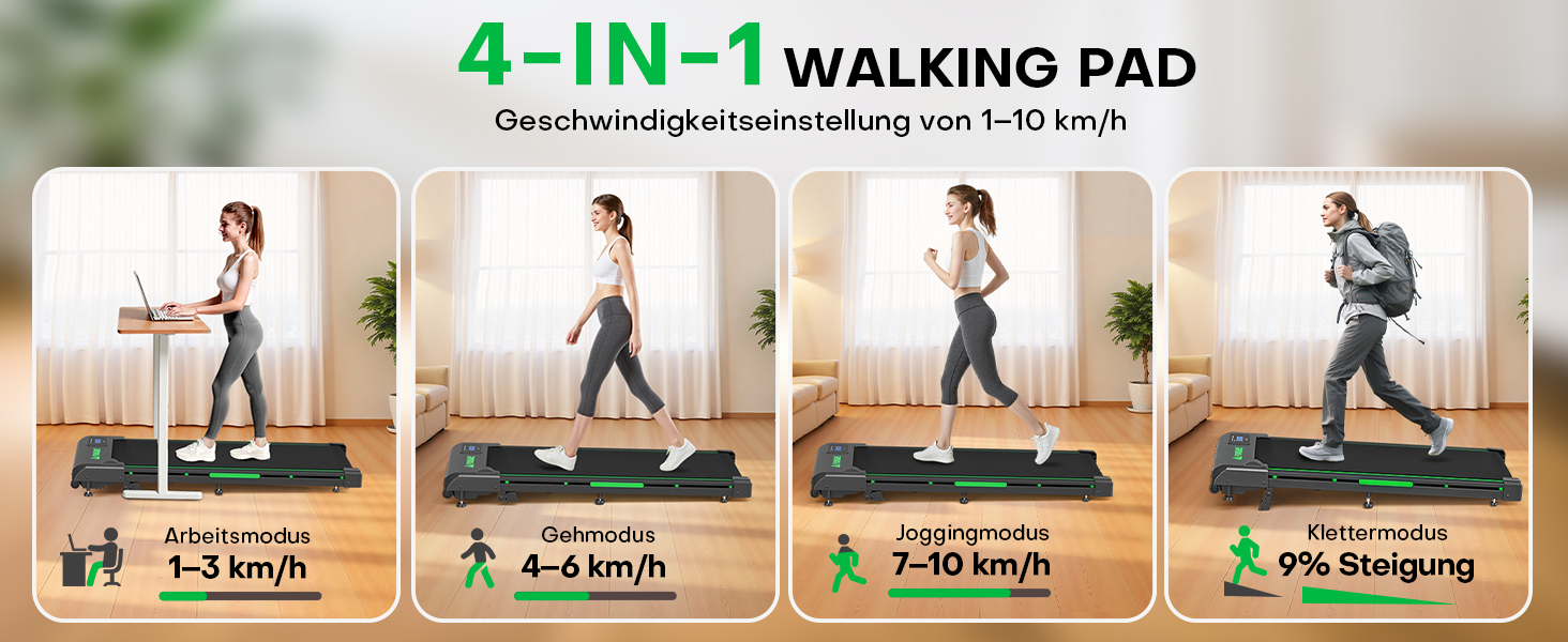 Walking Pad - біговий доріжки для дому з регулюванням нахилу до 9%, потужність 2.5HP, LED-дисплей, пульт дистанційного керування, 12 програм, подвійне амортизація, до 150 кг, чорно-зелений