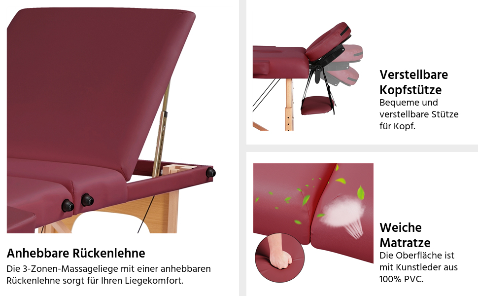 Зонний масажний стіл Yaheetech Портативна масажна лава Регульований по висоті масажний стіл з підголівником і знімними підлокітниками для фізіотерапії, бургундія, 3-