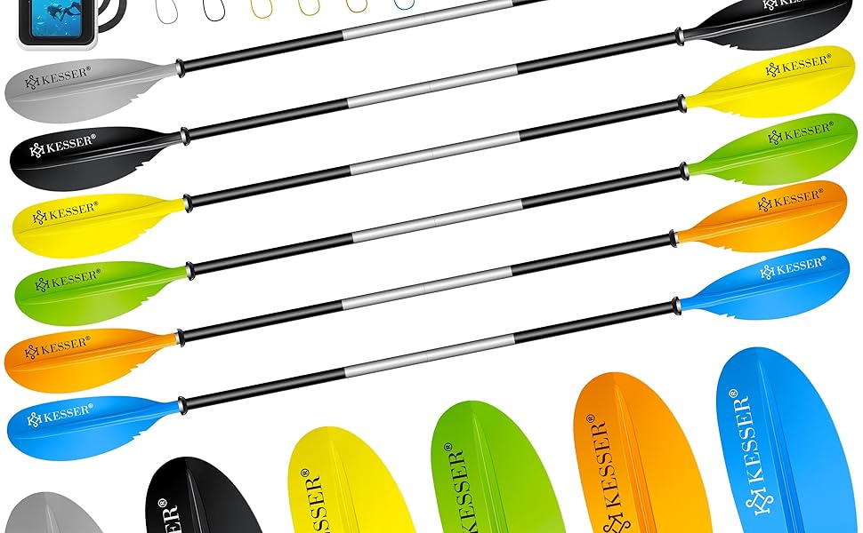 Весло KESSER® Paddle з подвійним лезом - 4 частини для каяка, SUP, стінд-ап паділбордингу, 228 см, алюміній. Включає страхувальну мотузку, чохол для телефону, дошка для серфінгу.