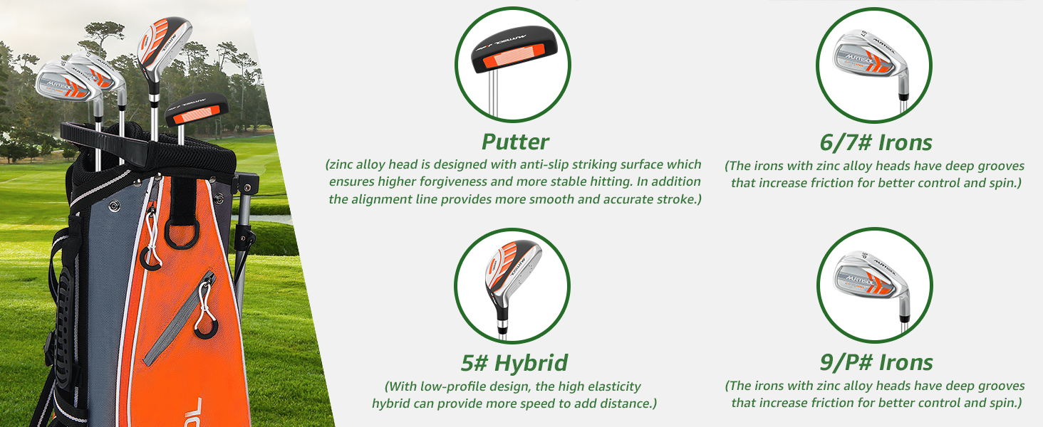 Повний комплект гольф-клубу на 6 шт., включаючи сумку-стійку, драйвер #1, гібрид #5, залізи #6/7, #9/P та паттер. Для правшів (Помаранчевий)