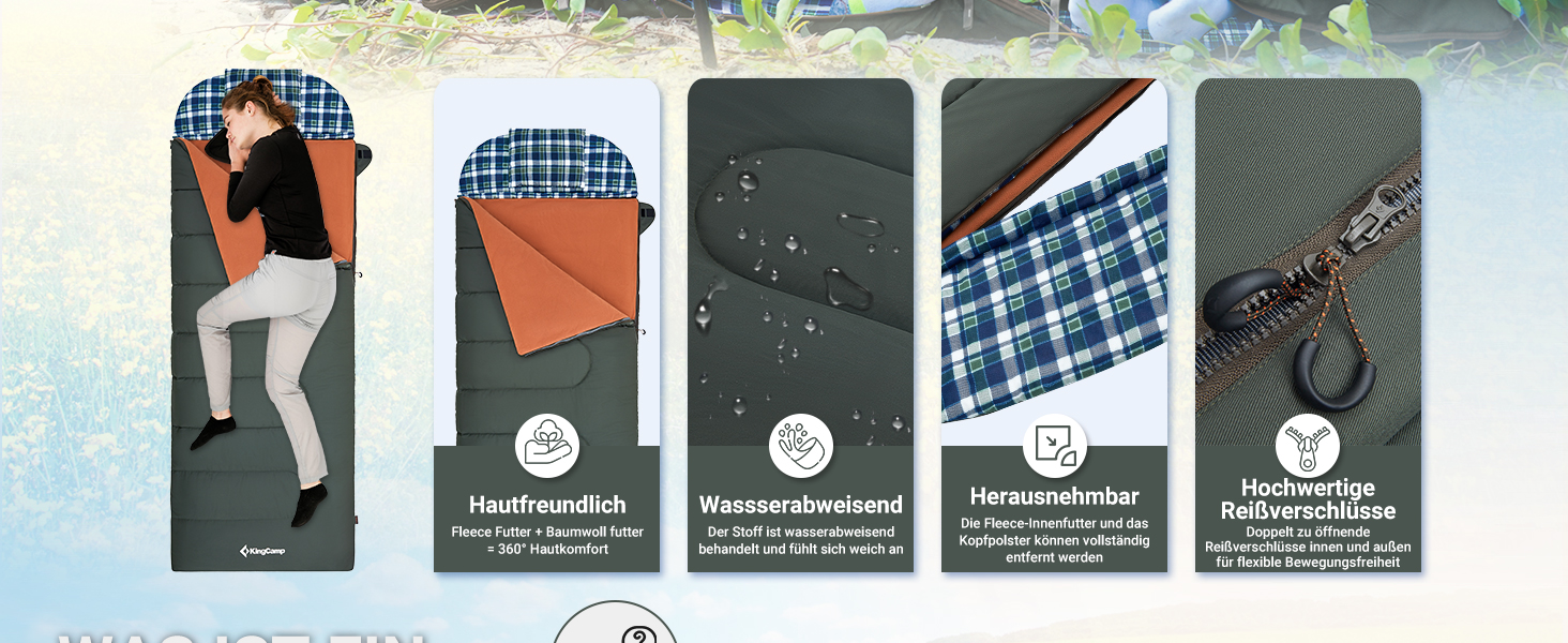 Сплячий мішок KingCamp для дорослих 3 в 1 з знімною ковдрою, зимовий, XXL, бавовна фланель, легкий, портативний, теплий (оливковий, наповнювач 500г/м²)