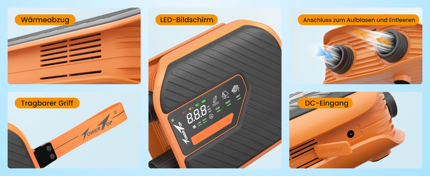 Насос електричний TowerTop для SUP дошки, каяків, автомобілів: 50 PSI, 12V, 8 насадок, акумулятор 10500mAh, помпа двосторонньої дії