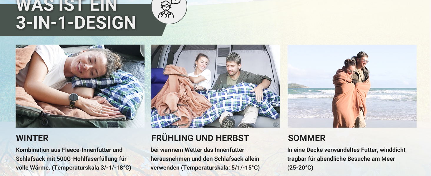 Сплячий мішок KingCamp для дорослих 3 в 1 з знімною ковдрою, зимовий, XXL, бавовна фланель, легкий, портативний, теплий (оливковий, наповнювач 500г/м²)