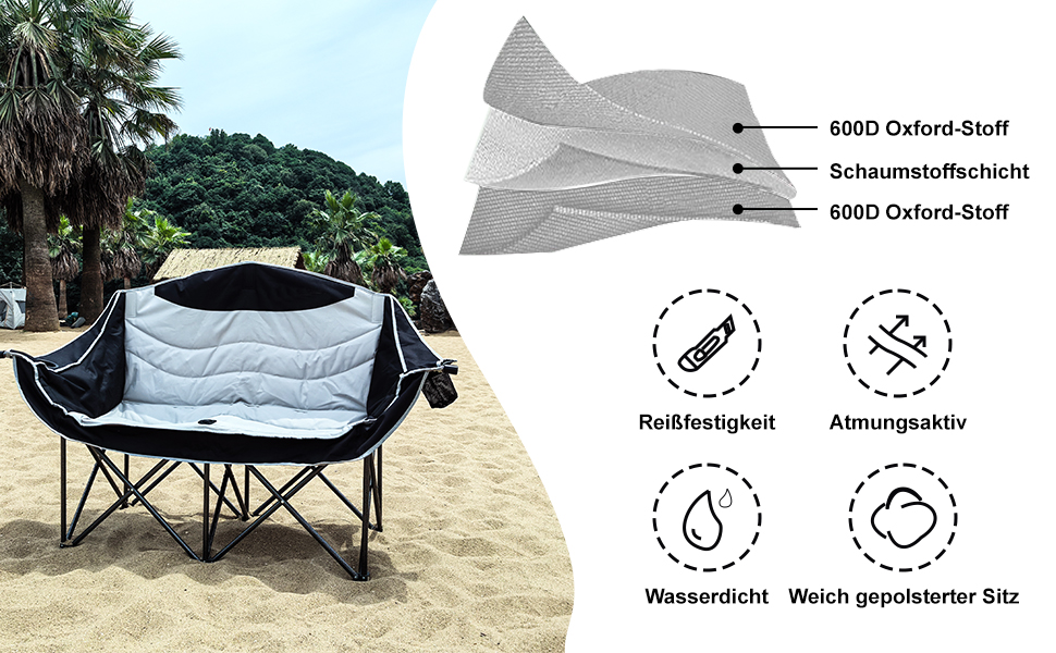 Двомісний розкладний крісло-диван для кемпінгу з підстаканниками, великий, чорно-білий