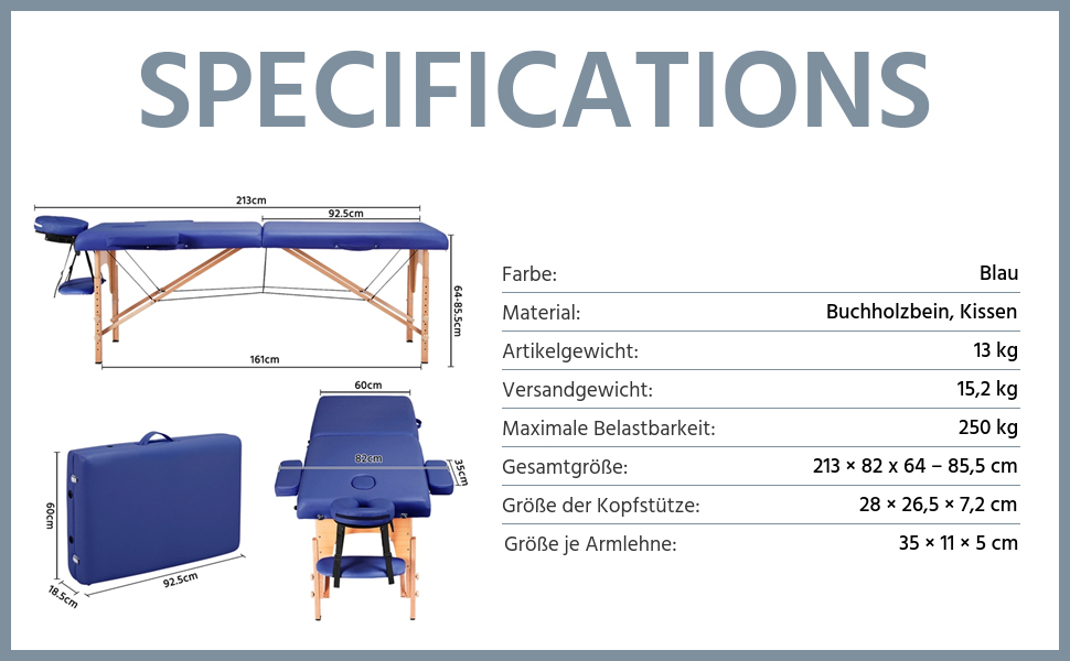 Масажний стіл Yaheetech Мобільний масажний стіл 2 зони Портативне масажне ліжко Регульовані по висоті дерев'яні ніжки з підголівником і підлокітниками 213 82 x 85,5 см до 250 кг З можливістю завантаження (213 x 82 см, синій)