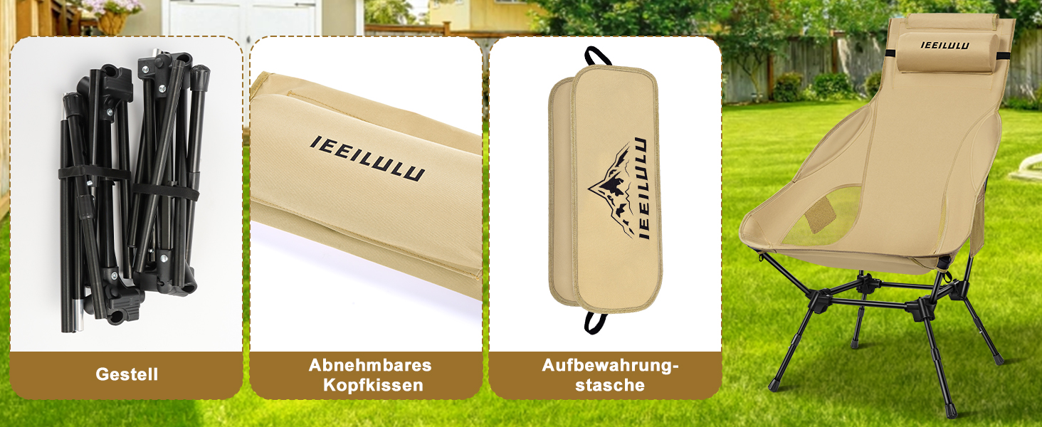 Складний туристичний стілець IEEILULU з високою спинкою, 130 кг, з кишенями, для кемпінгу, риболовлі, пікніка (колір: коричневий)