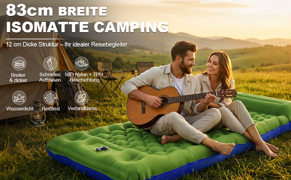 Каремат надувний JATEKA Isomatte Camping 12 см з подушкою та помпою, 83 см, зелено-синій - для кемпінгу, туризму, подорожей