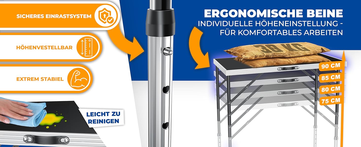 KESSER® Багатофункціональний стіл Profi 3-частини, 100x60 см, чорний. Стіл для обклеювання, ярмарку, кемпінгу, висота регулюється, вантажопідйомність 90 кг
