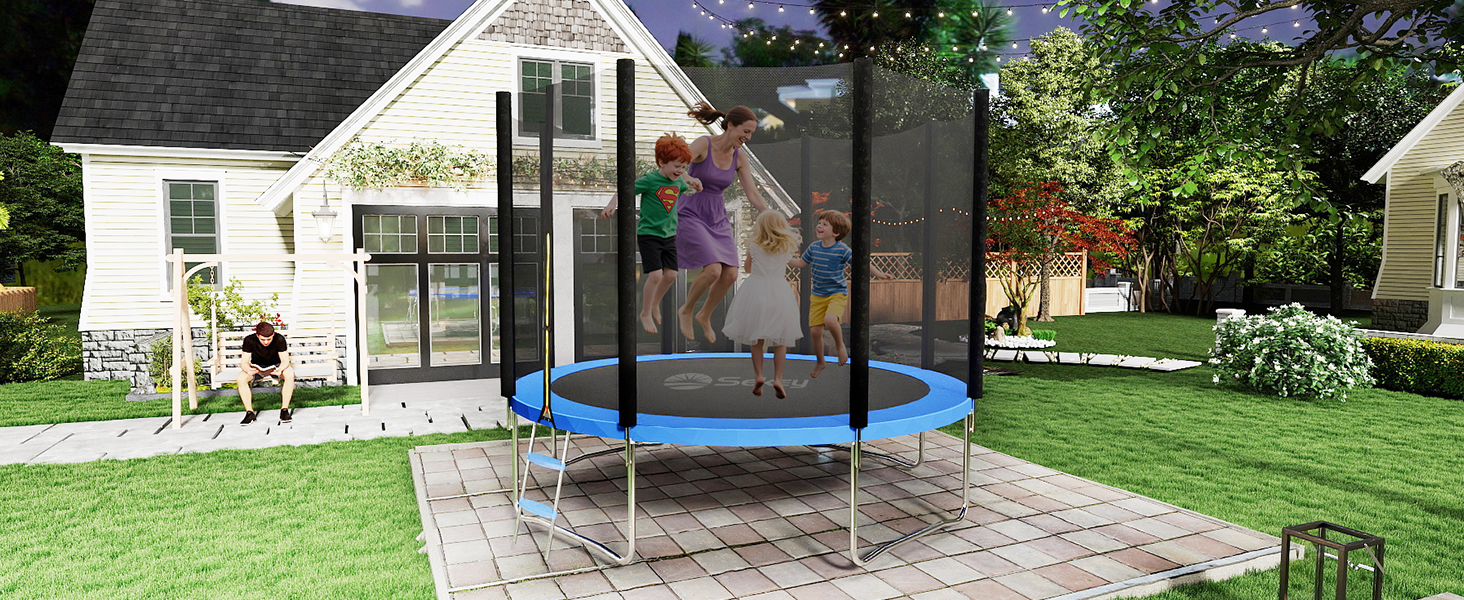 Трамплін Sekey Outdoor 244/305/366 см - сертифікований TÜV Rheinland GS, дитячий, для саду з безпечною драбиною, посиленим захисним сіткою та захисним бордюром (Блакитний, 366 см/12 футів)