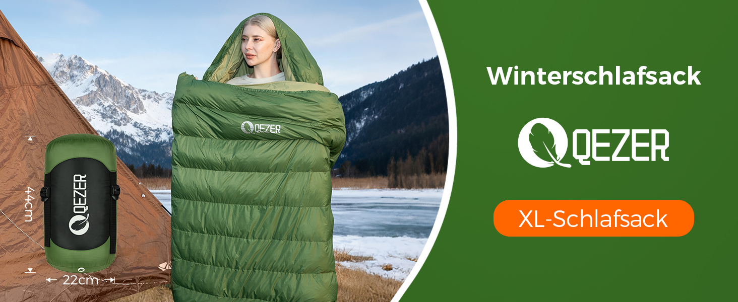 Спальний мішок XXL з пуху 3-4 сезони, 230x100 см, для дорослих, кемпінг, походи, 3°C, зелений