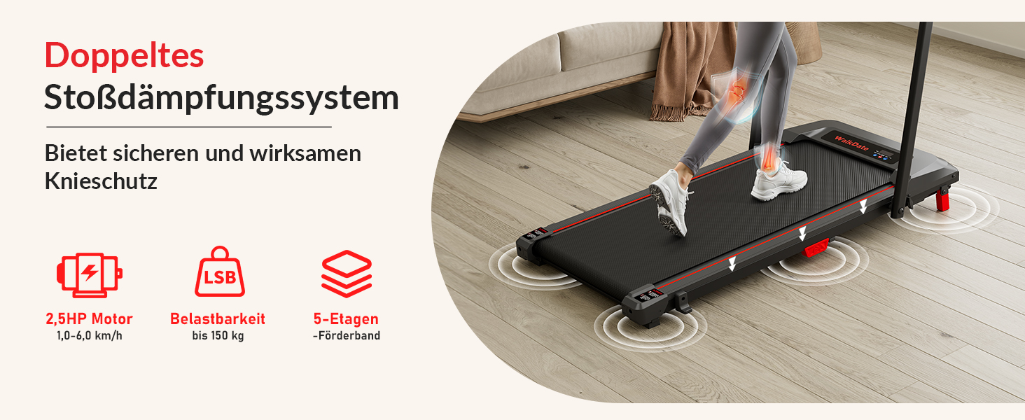 Біговий доріжки з нахилом 5%, компактний під стіл для дому та офісу, портативна бігова машина з LED дисплеєм, пульт дистанційного керування, вантажопідйомність 150 кг, 2.5HP тихий двигун (Чорний/Червоний)