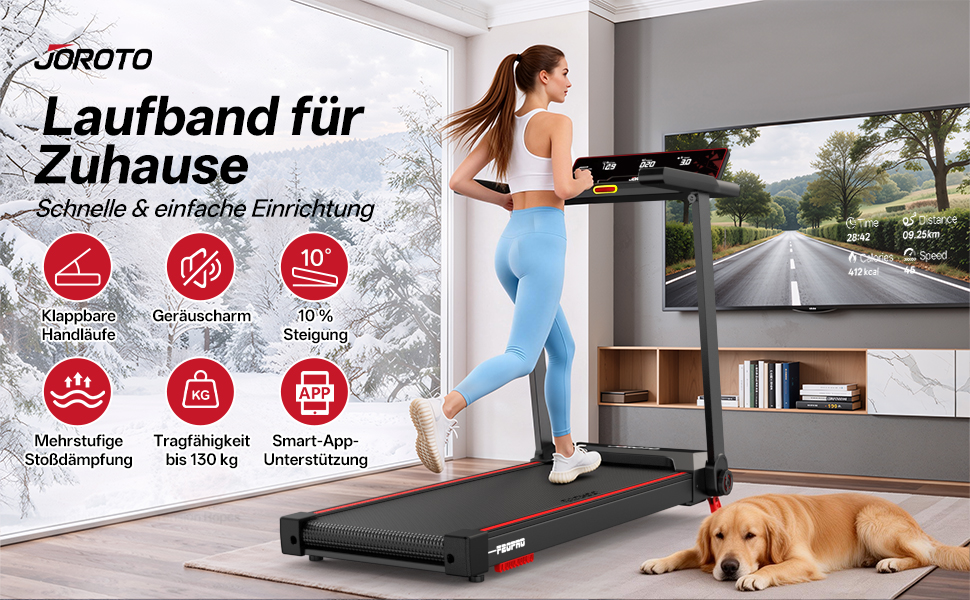 Біговий тренажер JOROTO з нахилом 10%, складаний, до 12 км/год, LED-дисплей, Bluetooth, 2.75 HP, для дому та офісу, до 130 кг