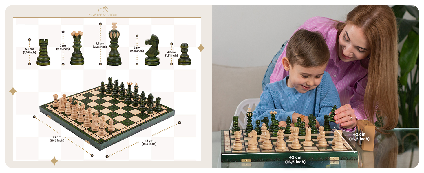 Шаховий набір з витонченим інтарсією з вишневого дерева Pearl XL | Master of Chess | Шаховий набір 42 см | Класичний шахи для дітей та дорослих - шахівниця з фігурами (Зелений XL)