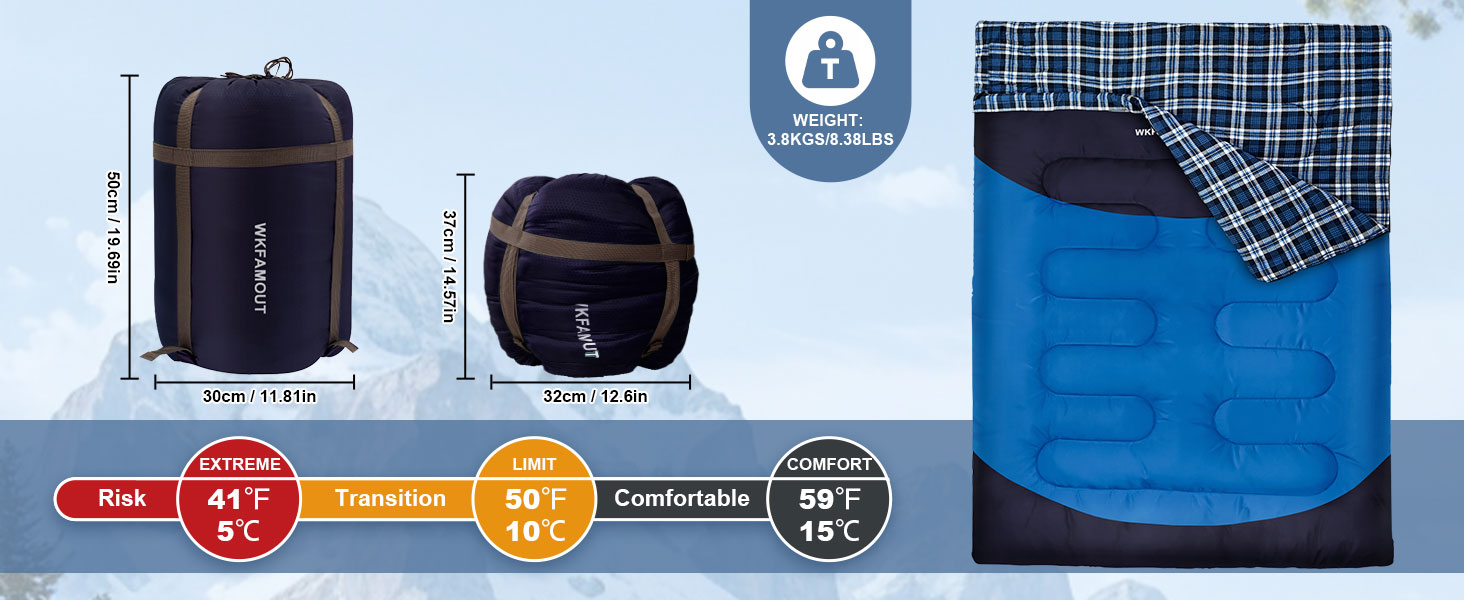 Спальний мішок для двох дорослих, 220x150 см, водонепроникний, зимовий, блакитний, фланель, з сумкою для зберігання