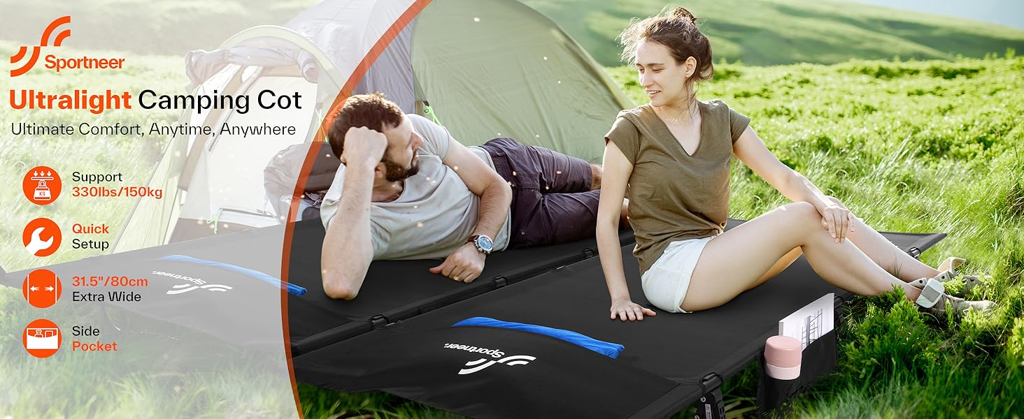 Розкладне ліжко Sportneer для кемпінгу та відпочинку на природі: легке, компактне, алюмінієве (190x70 см)