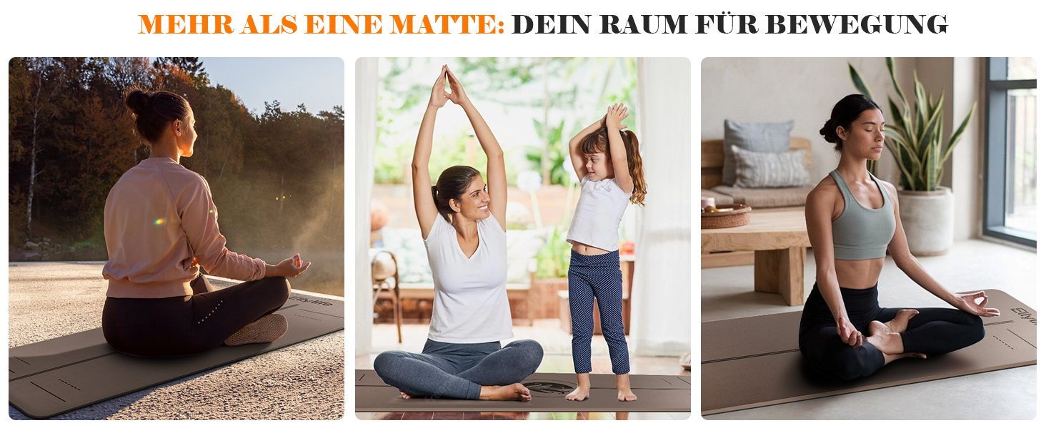 Килимок для йоги та пілатеса з еко-каучуку та TPE, протиковзкий, з лініями розмітки та ременем для перенесення, коричневий, 4мм