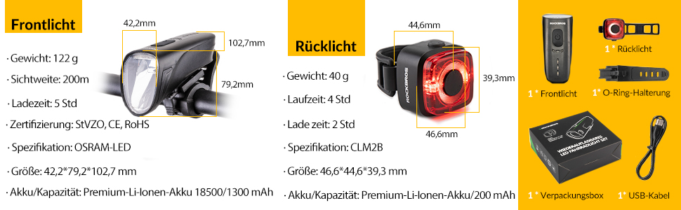 ROCKBROS LED велосипедне світло, USB зарядка, водонепроникний ліхтар для велосипеда, комплект переднього та заднього ліхтаря, 100 Люкс, чорний