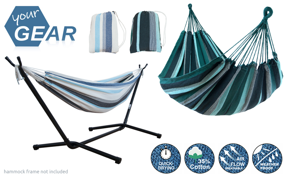 Гамак yourGEAR Maui XL, 220x120 см, бавовна, 240 кг, зелений/блакитний (аква)