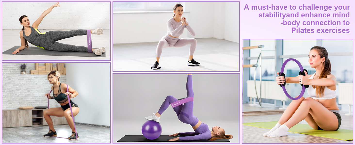 Pilates-кільце Goocrun з гумовими стрічками, м'ячем та слайдерами для фітнесу вдома – фітнес-постер у комплекті (середній рівень, фіолетовий)