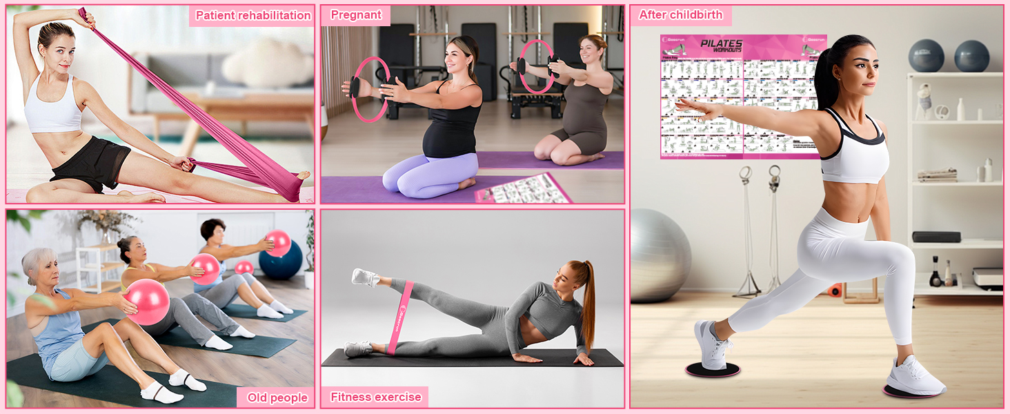 Pilates Ring Set Goocrun: кільце для пілатесу, еспандер, м'яч та слайдери для домашніх тренувань. Рожевий колір.